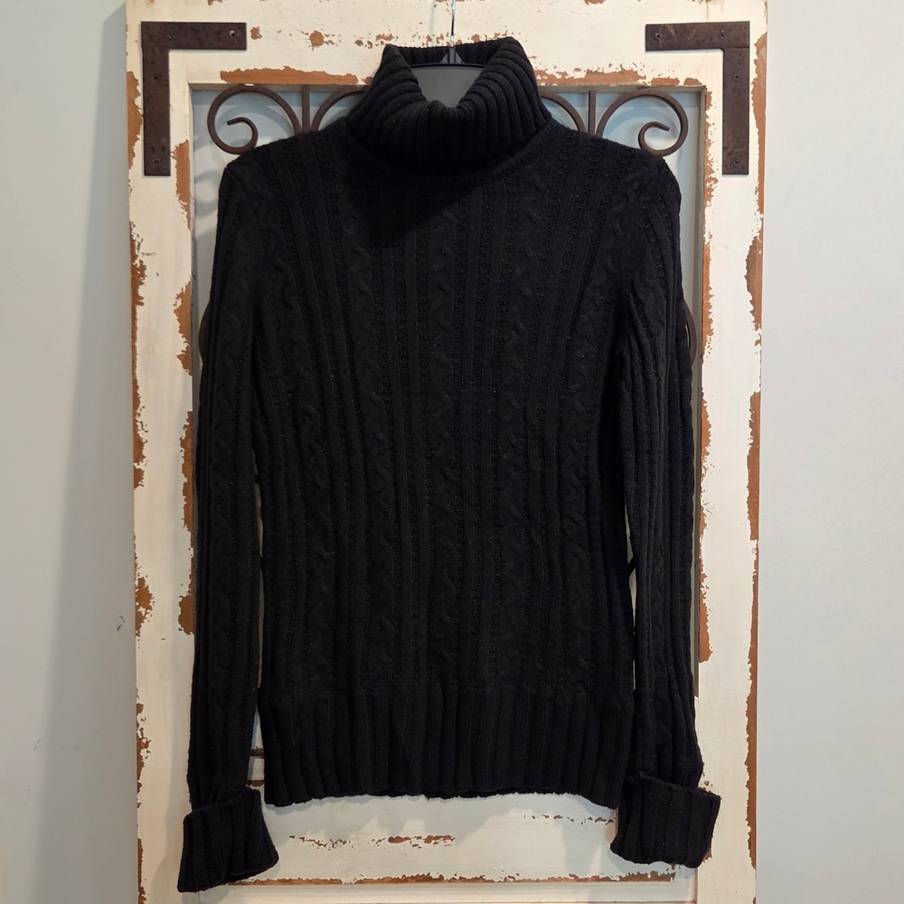 Express Y2K Womens L Black Cable Knit Turtleneck Glitter Sparkle Sweater